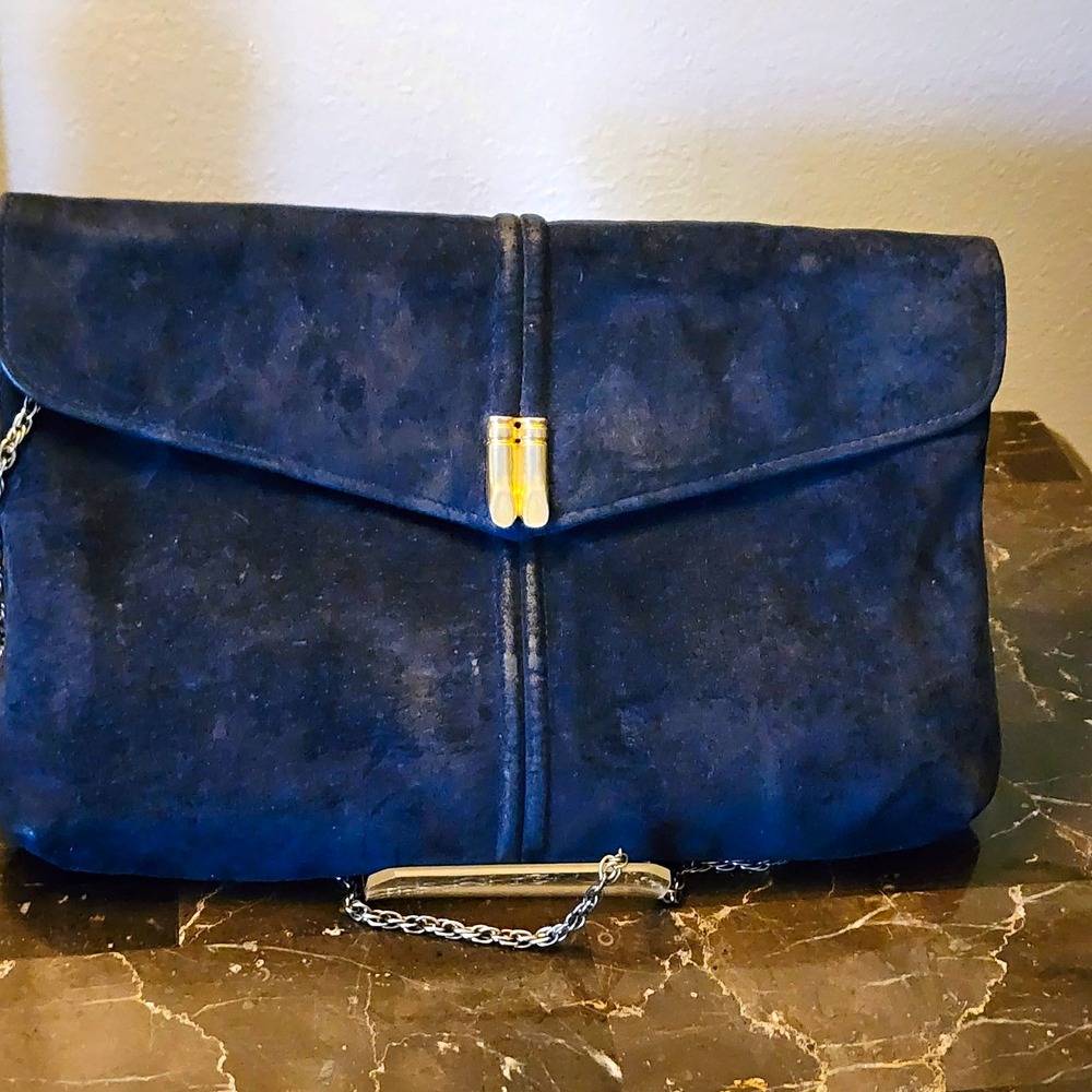 Vintage 70's Blue Suede Clutch Envelope Bag with Chain Strap, Gold Hardware